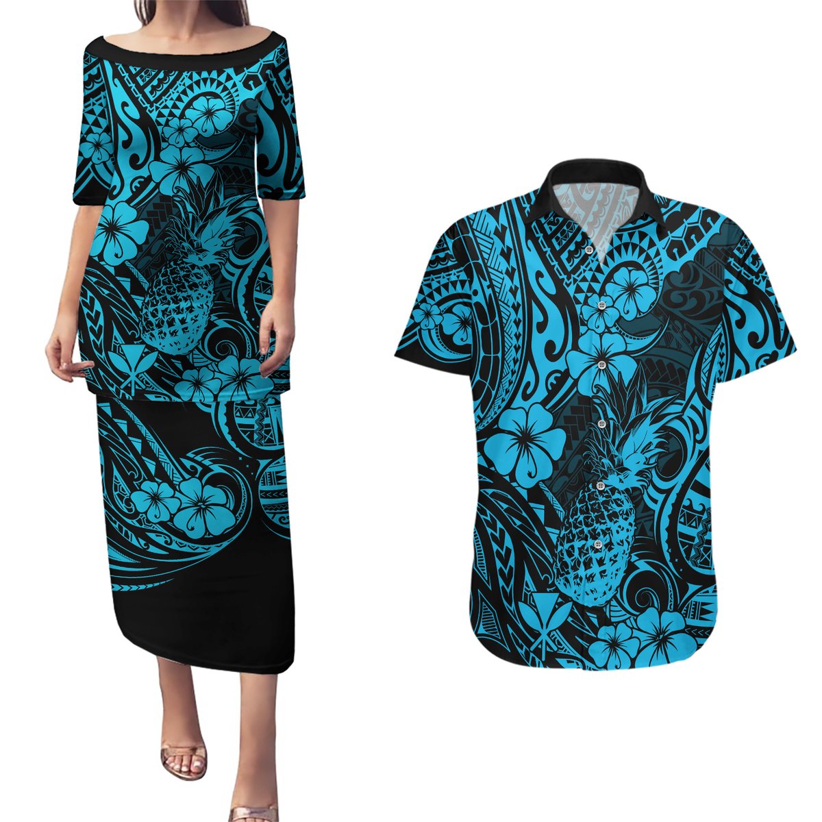 Hawaii Pineapple Couples Matching Puletasi Dress and Hawaiian Shirt Polynesian Pattern Sky Blue Version LT01 Blue - Polynesian Pride