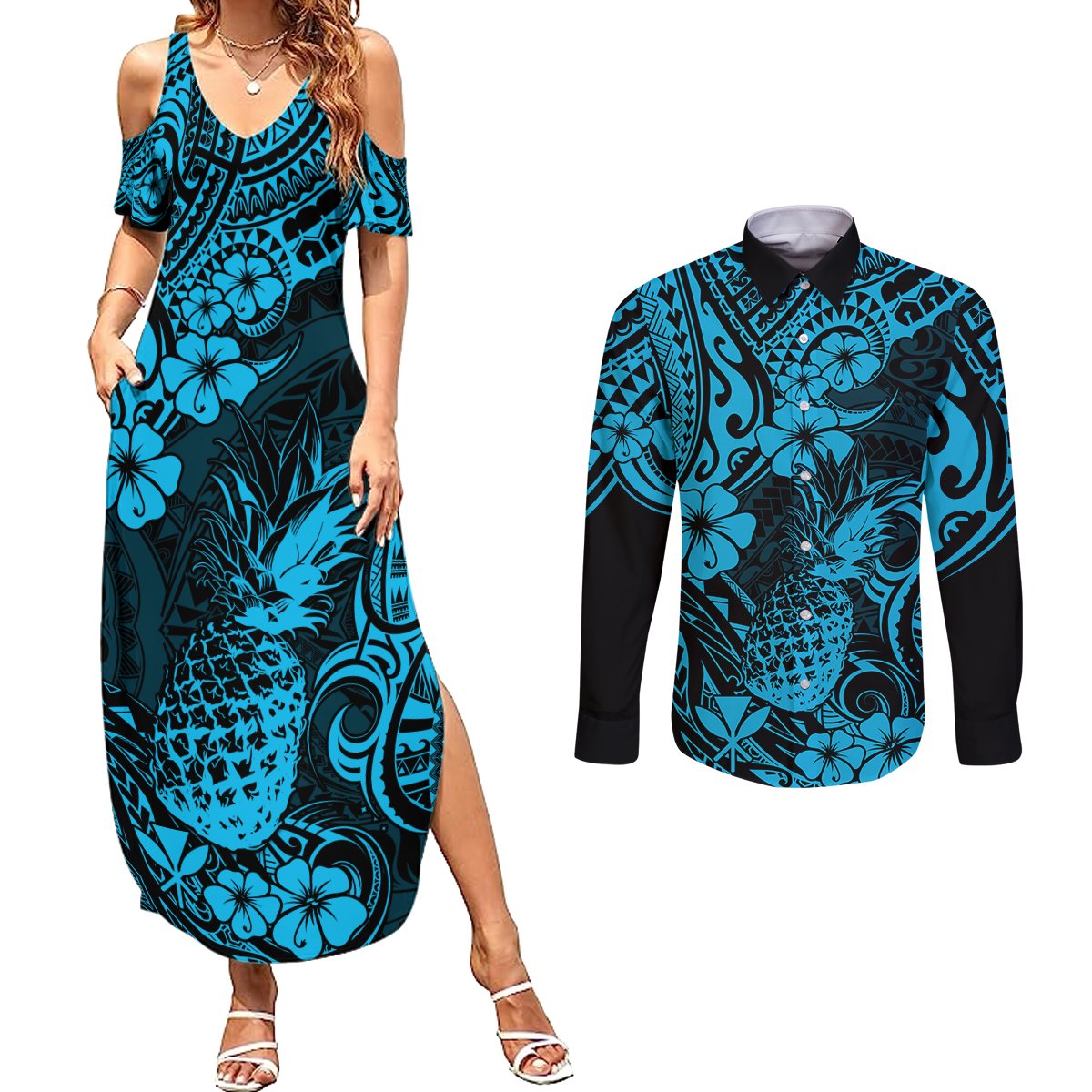 Hawaii Pineapple Couples Matching Summer Maxi Dress and Long Sleeve Button Shirts Polynesian Pattern Sky Blue Version LT01 Blue - Polynesian Pride