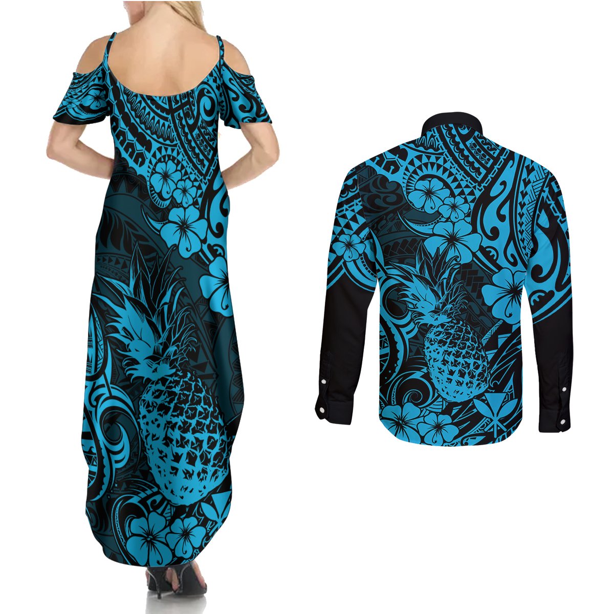Hawaii Pineapple Couples Matching Summer Maxi Dress and Long Sleeve Button Shirts Polynesian Pattern Sky Blue Version LT01 - Polynesian Pride