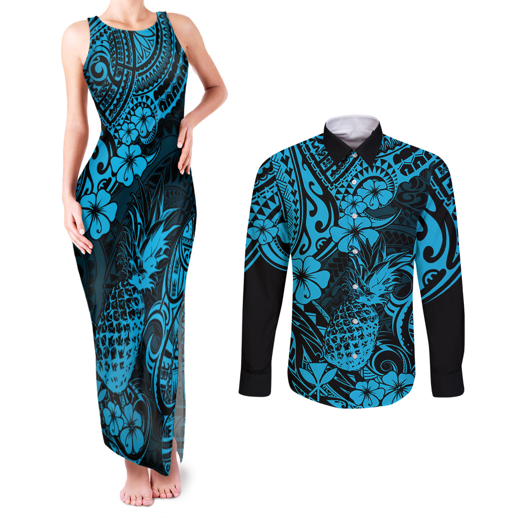 Hawaii Pineapple Couples Matching Tank Maxi Dress and Long Sleeve Button Shirts Polynesian Pattern Sky Blue Version LT01 Blue - Polynesian Pride