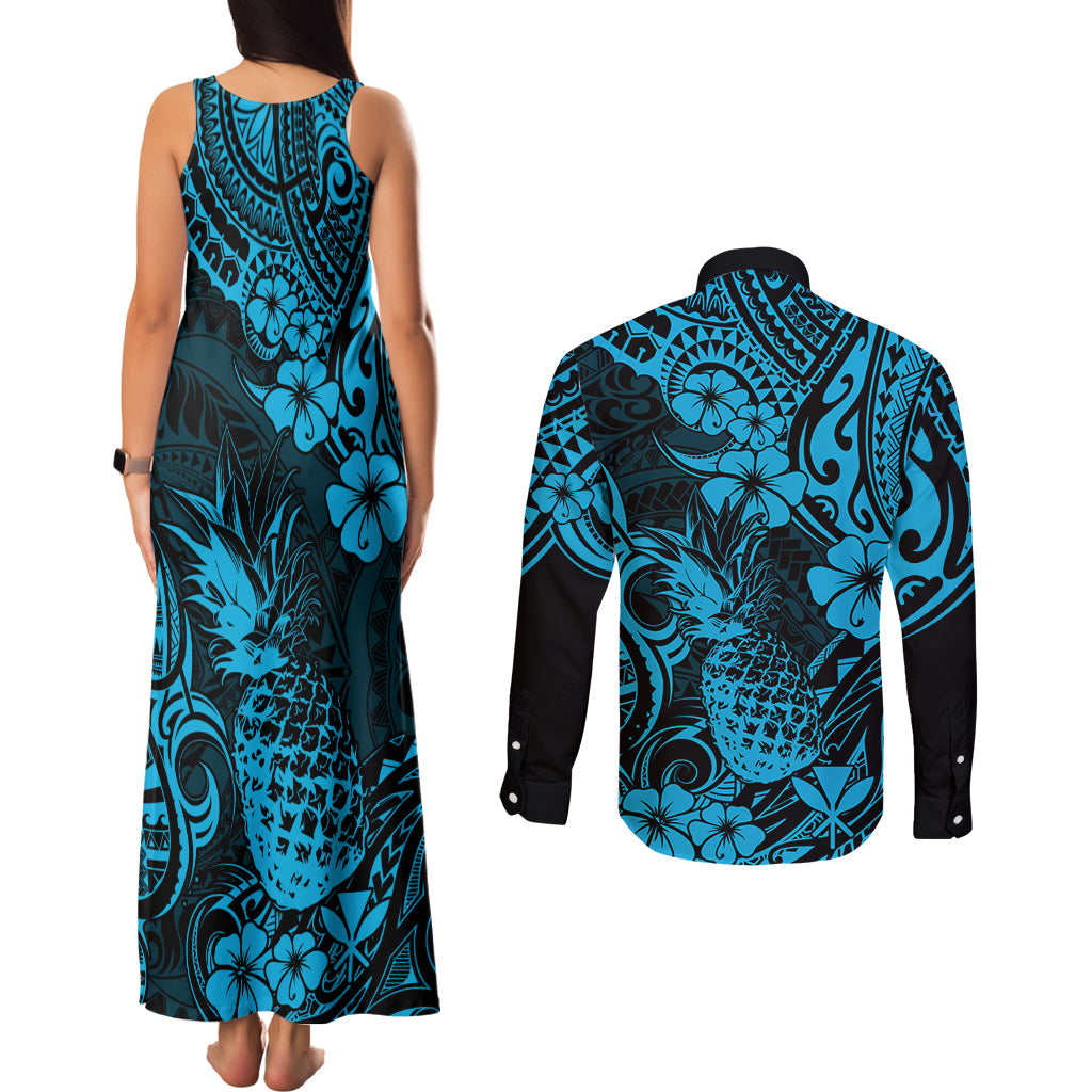 Hawaii Pineapple Couples Matching Tank Maxi Dress and Long Sleeve Button Shirts Polynesian Pattern Sky Blue Version LT01 - Polynesian Pride