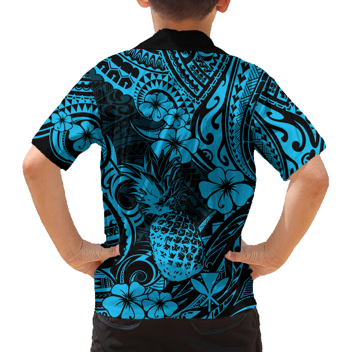 Hawaii Pineapple Family Matching Off Shoulder Short Dress and Hawaiian Shirt Polynesian Pattern Sky Blue Version LT01 - Polynesian Pride