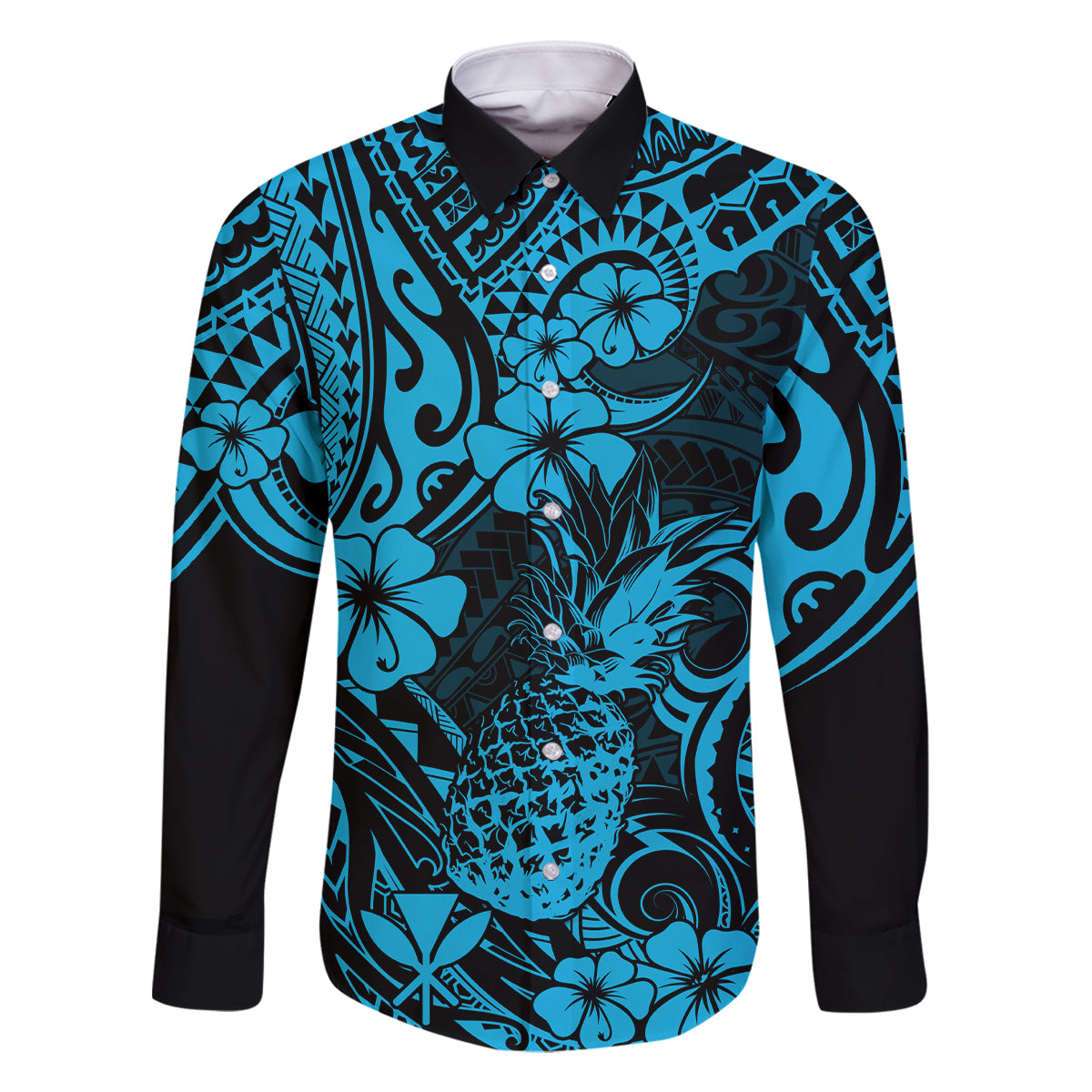 Hawaii Pineapple Family Matching Off Shoulder Short Dress and Hawaiian Shirt Polynesian Pattern Sky Blue Version LT01 Dad's Shirt - Long Sleeve Blue - Polynesian Pride