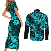 Hawaii Pineapple Couples Matching Short Sleeve Bodycon Dress and Long Sleeve Button Shirts Polynesian Pattern Turquoise Version LT01 - Polynesian Pride