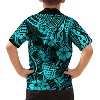 Hawaii Pineapple Family Matching Off Shoulder Maxi Dress and Hawaiian Shirt Polynesian Pattern Turquoise Version LT01 - Polynesian Pride
