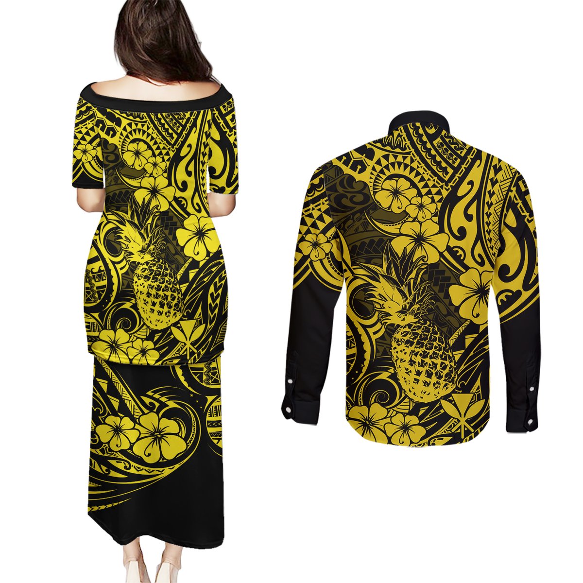 Hawaii Pineapple Couples Matching Puletasi Dress and Long Sleeve Button Shirts Polynesian Pattern Yellow Version LT01 - Polynesian Pride