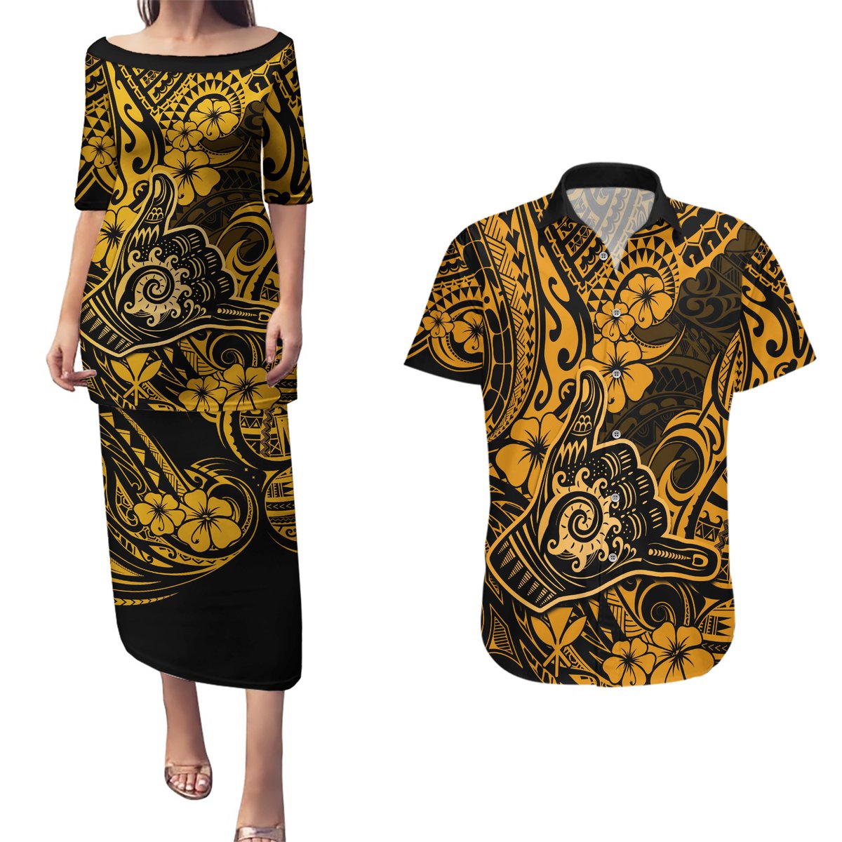 Hawaii Shaka Sign Couples Matching Puletasi Dress and Hawaiian Shirt With Polynesian Hibiscus Gold Unique LT01 Gold - Polynesian Pride
