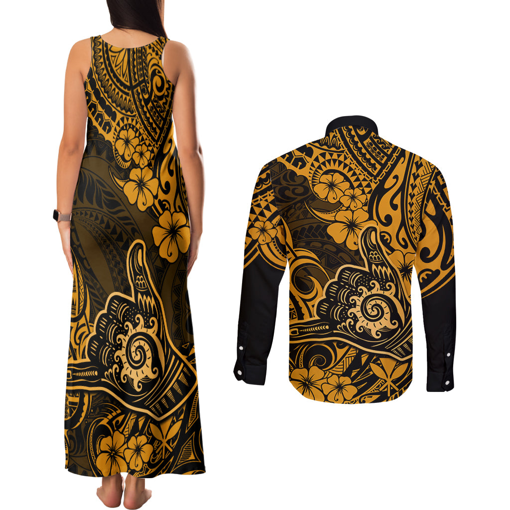 Hawaii Shaka Sign Couples Matching Tank Maxi Dress and Long Sleeve Button Shirts With Polynesian Hibiscus Gold Unique LT01 - Polynesian Pride