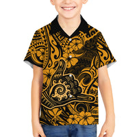 Hawaii Shaka Sign Family Matching Short Sleeve Bodycon Dress and Hawaiian Shirt With Polynesian Hibiscus Gold Unique LT01 Son's Shirt Gold - Polynesian Pride