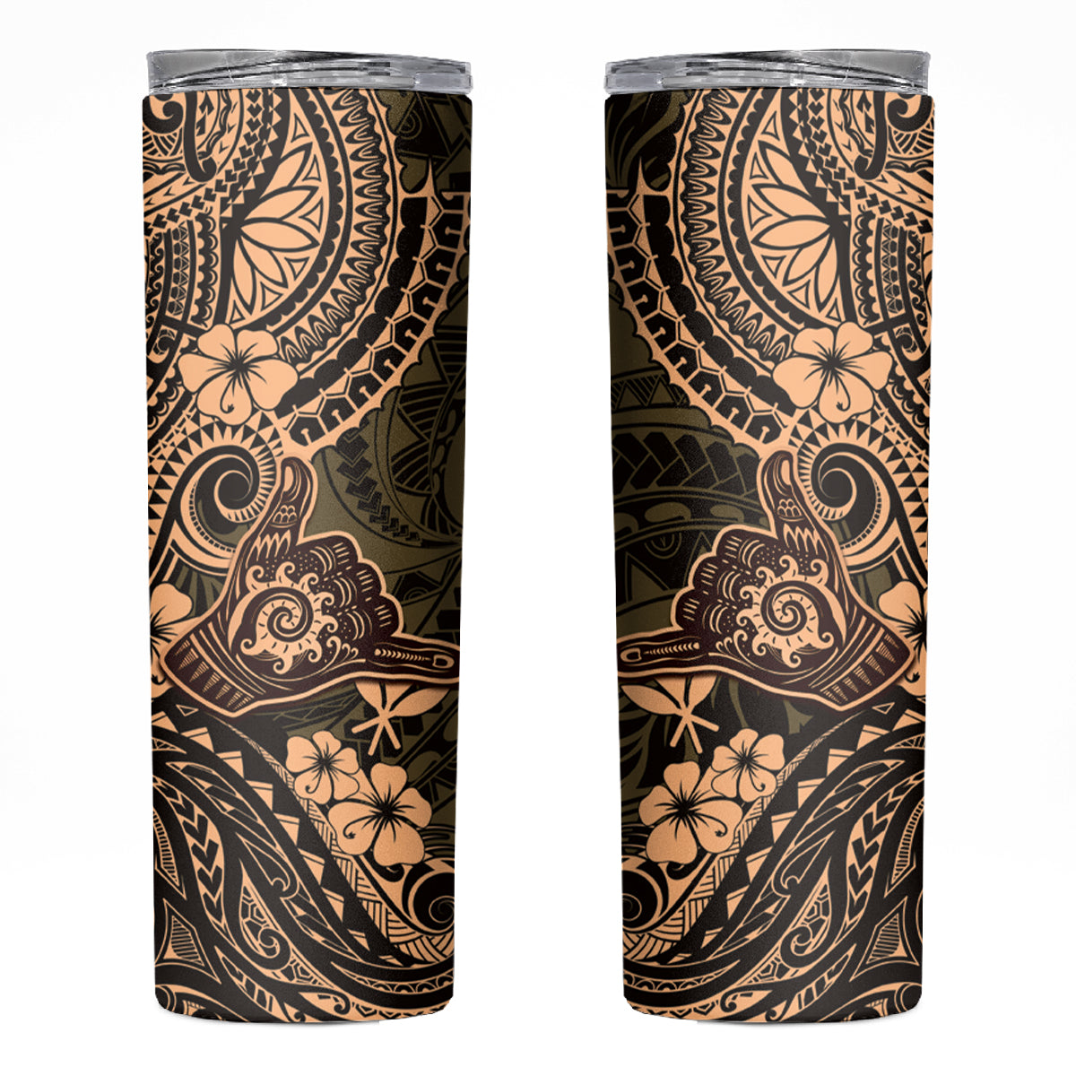 Hawaii Shaka Sign Skinny Tumbler With Polynesian Hibiscus Gold Unique LT01 Gold - Polynesian Pride