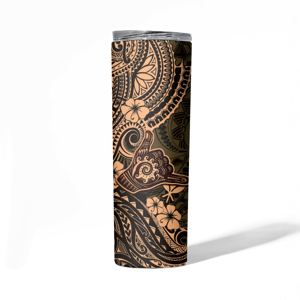 Hawaii Shaka Sign Skinny Tumbler With Polynesian Hibiscus Gold Unique LT01 - Polynesian Pride