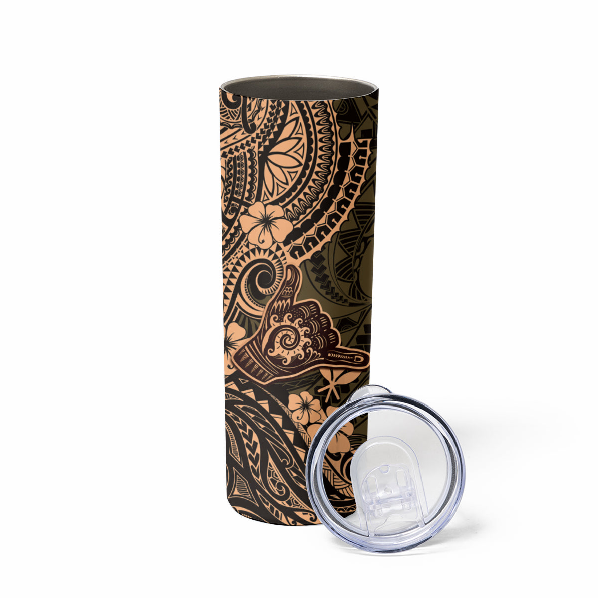 Hawaii Shaka Sign Skinny Tumbler With Polynesian Hibiscus Gold Unique LT01 - Polynesian Pride