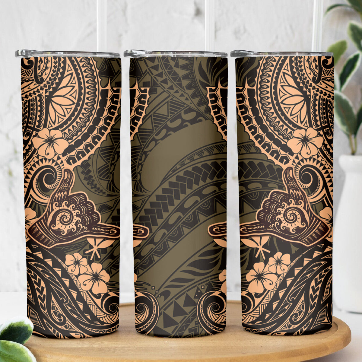 Hawaii Shaka Sign Skinny Tumbler With Polynesian Hibiscus Gold Unique LT01 - Polynesian Pride