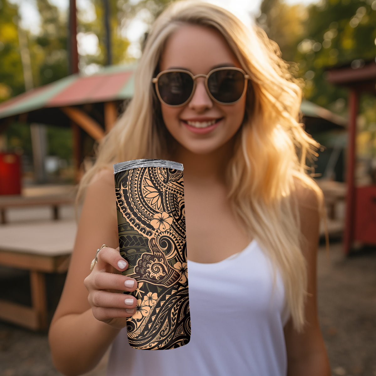 Hawaii Shaka Sign Skinny Tumbler With Polynesian Hibiscus Gold Unique LT01 - Polynesian Pride