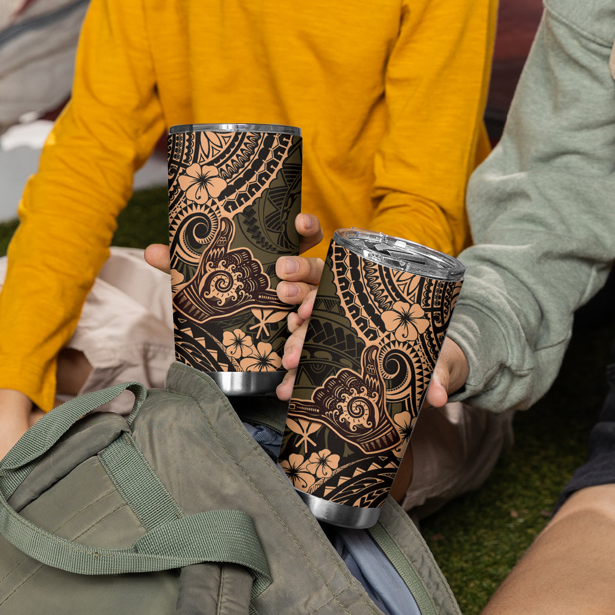 Hawaii Shaka Sign Tumbler Cup With Polynesian Hibiscus Gold Unique