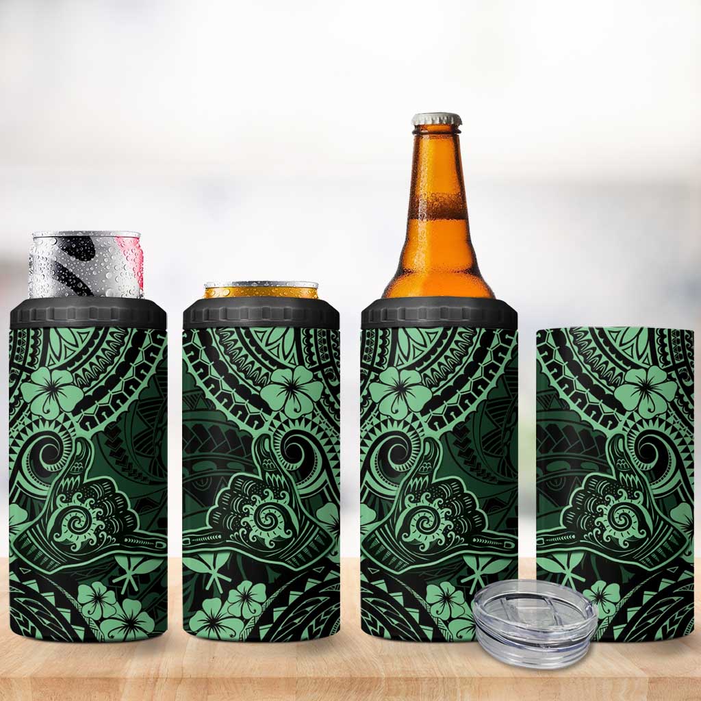 Hawaii Shaka Sign 4 in 1 Can Cooler Tumbler With Polynesian Hibiscus Green Unique