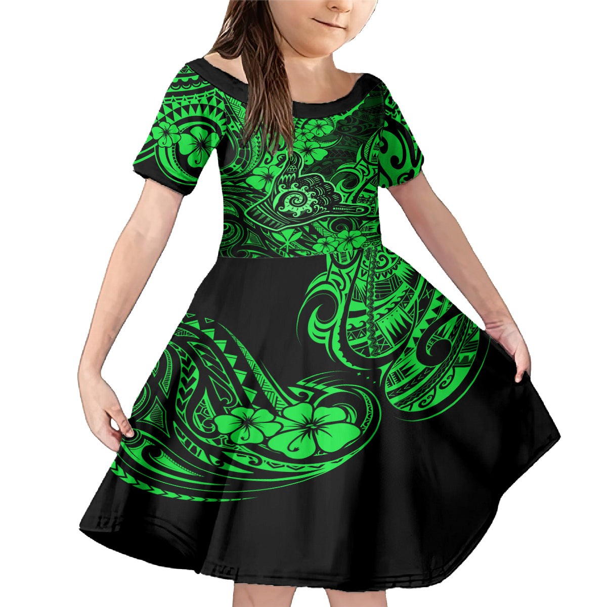 Hawaii Shaka Sign Family Matching Mermaid Dress and Hawaiian Shirt With Polynesian Hibiscus Green Unique LT01 Daughter's Dress Green - Polynesian Pride