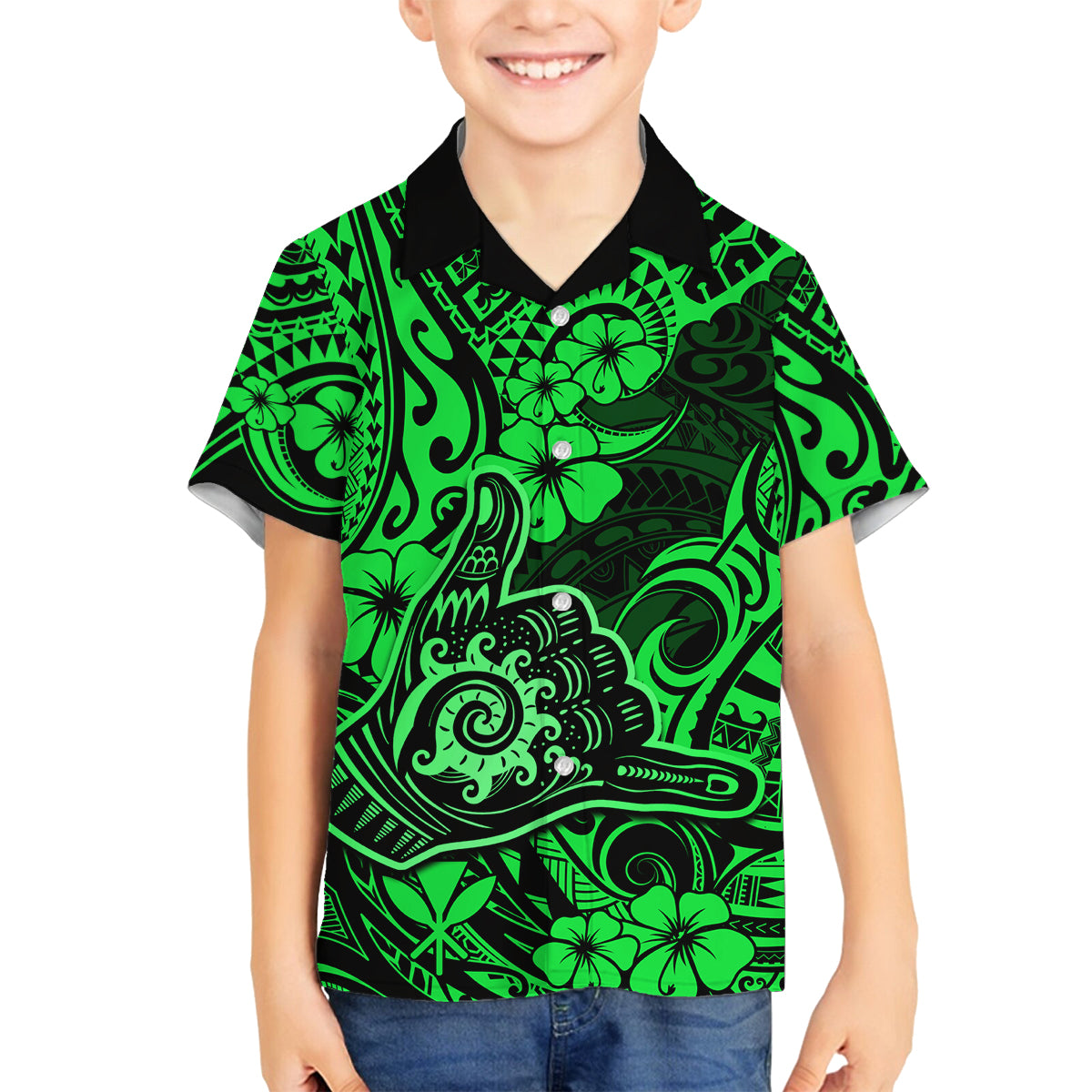 Hawaii Shaka Sign Family Matching Off Shoulder Maxi Dress and Hawaiian Shirt With Polynesian Hibiscus Green Unique LT01 Son's Shirt Green - Polynesian Pride