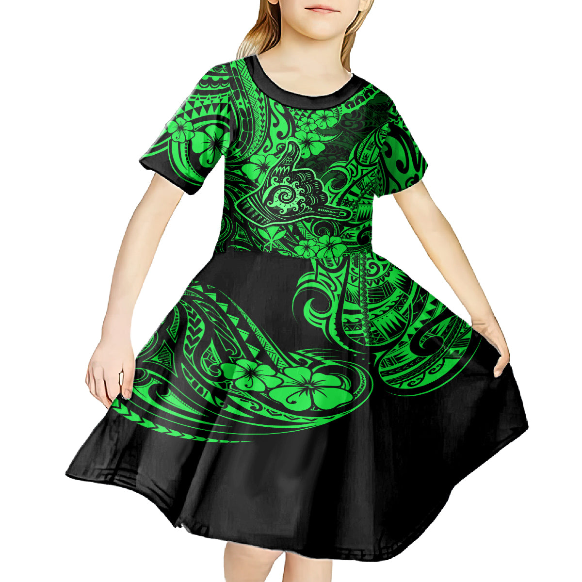 Hawaii Shaka Sign Kid Short Sleeve Dress With Polynesian Hibiscus Green Unique LT01 - Polynesian Pride