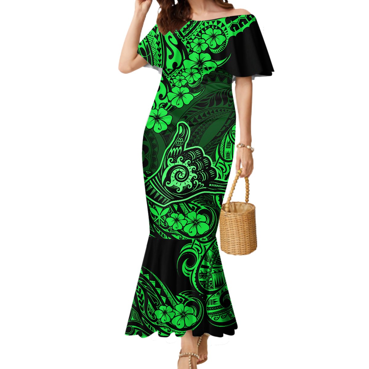 Hawaii Shaka Sign Mermaid Dress With Polynesian Hibiscus Green Unique LT01 Women Green - Polynesian Pride