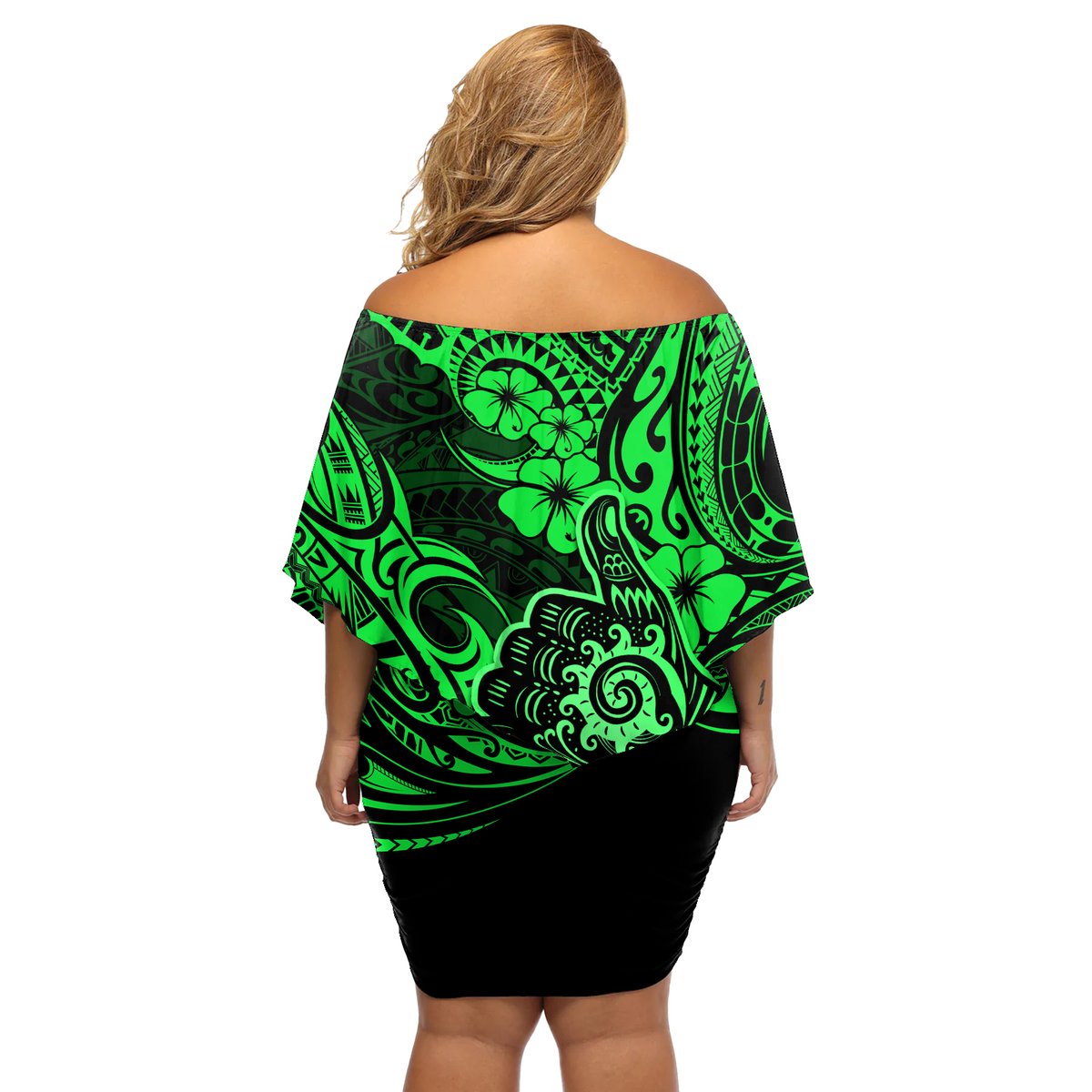 Hawaii Shaka Sign Off Shoulder Short Dress With Polynesian Hibiscus Green Unique LT01 - Polynesian Pride