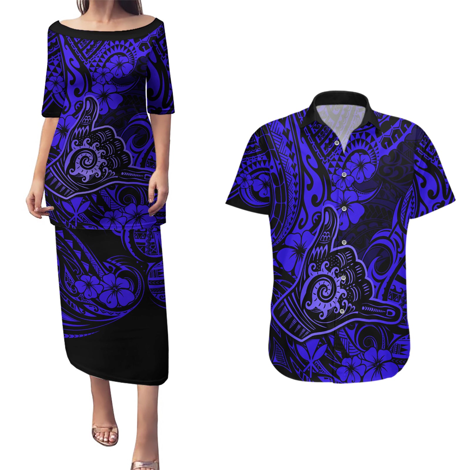 Hawaii Shaka Sign Couples Matching Puletasi Dress and Hawaiian Shirt With Polynesian Hibiscus Navy Blue Unique LT01 Blue - Polynesian Pride