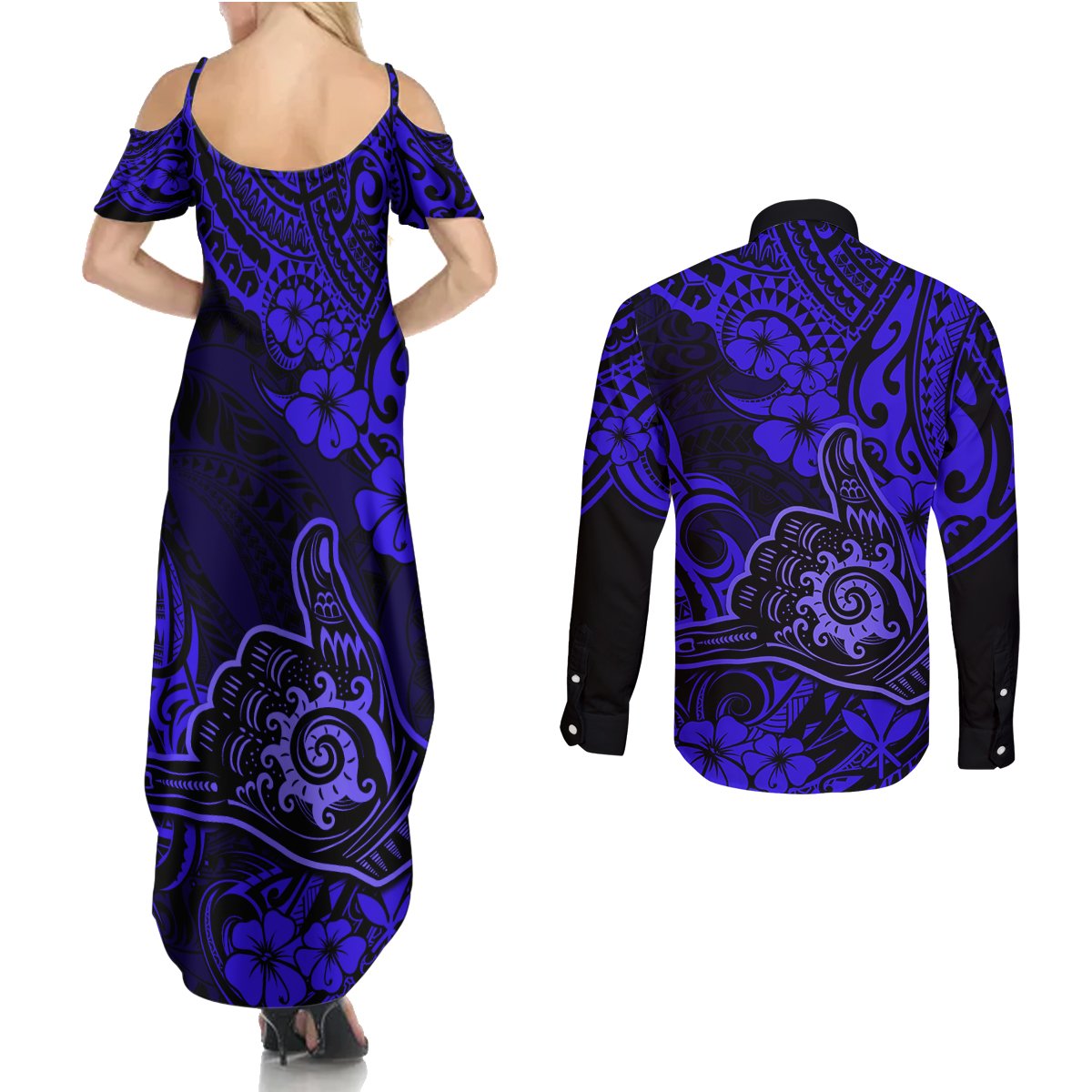 Hawaii Shaka Sign Couples Matching Summer Maxi Dress and Long Sleeve Button Shirts With Polynesian Hibiscus Navy Blue Unique LT01 - Polynesian Pride