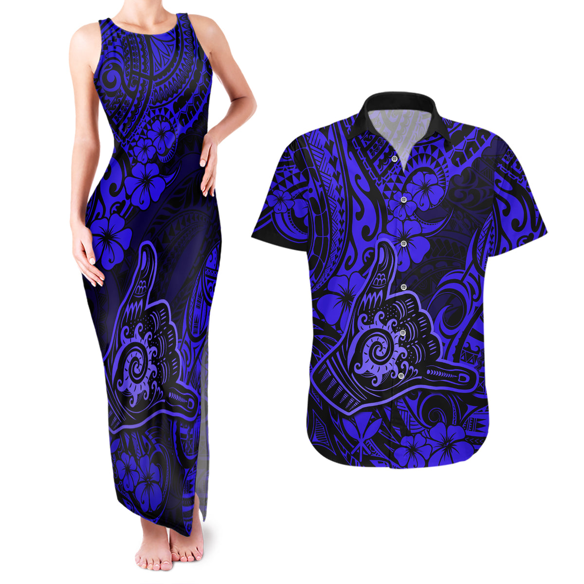 Hawaii Shaka Sign Couples Matching Tank Maxi Dress and Hawaiian Shirt With Polynesian Hibiscus Navy Blue Unique LT01 Blue - Polynesian Pride
