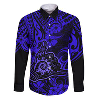 Hawaii Shaka Sign Family Matching Off Shoulder Maxi Dress and Hawaiian Shirt With Polynesian Hibiscus Navy Blue Unique LT01 Dad's Shirt - Long Sleeve Blue - Polynesian Pride