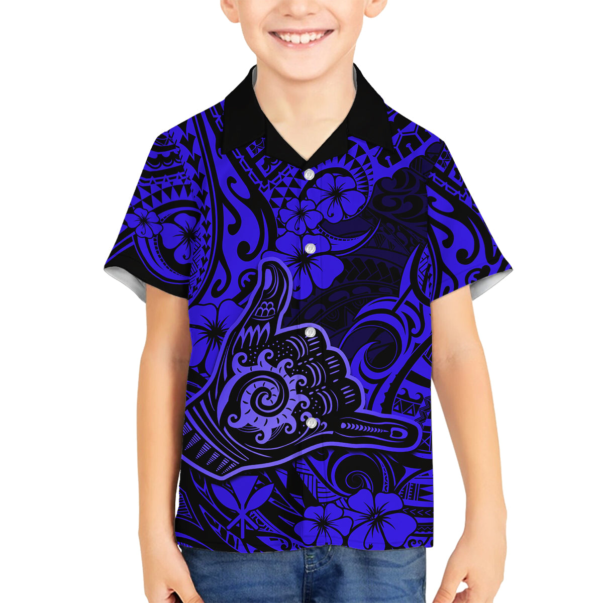 Hawaii Shaka Sign Family Matching Off Shoulder Maxi Dress and Hawaiian Shirt With Polynesian Hibiscus Navy Blue Unique LT01 Son's Shirt Blue - Polynesian Pride