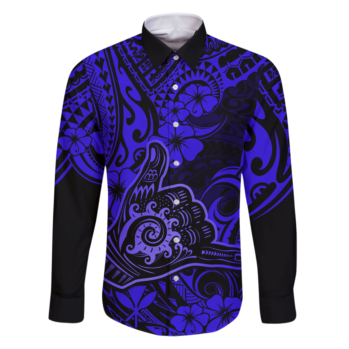 Hawaii Shaka Sign Family Matching Short Sleeve Bodycon Dress and Hawaiian Shirt With Polynesian Hibiscus Navy Blue Unique LT01 Dad's Shirt - Long Sleeve Blue - Polynesian Pride