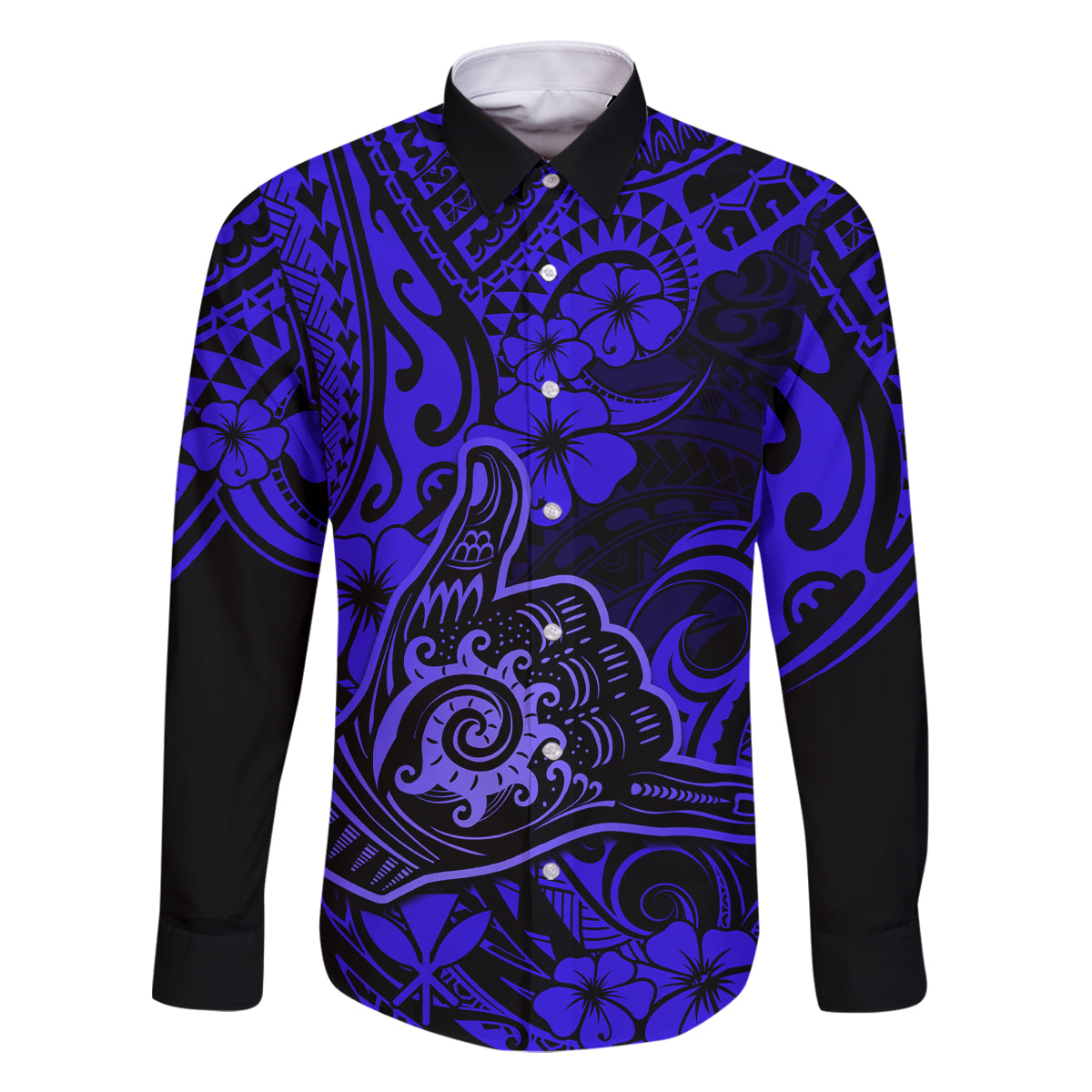 Hawaii Shaka Sign Family Matching Tank Maxi Dress and Hawaiian Shirt With Polynesian Hibiscus Navy Blue Unique LT01 Dad's Shirt - Long Sleeve Blue - Polynesian Pride