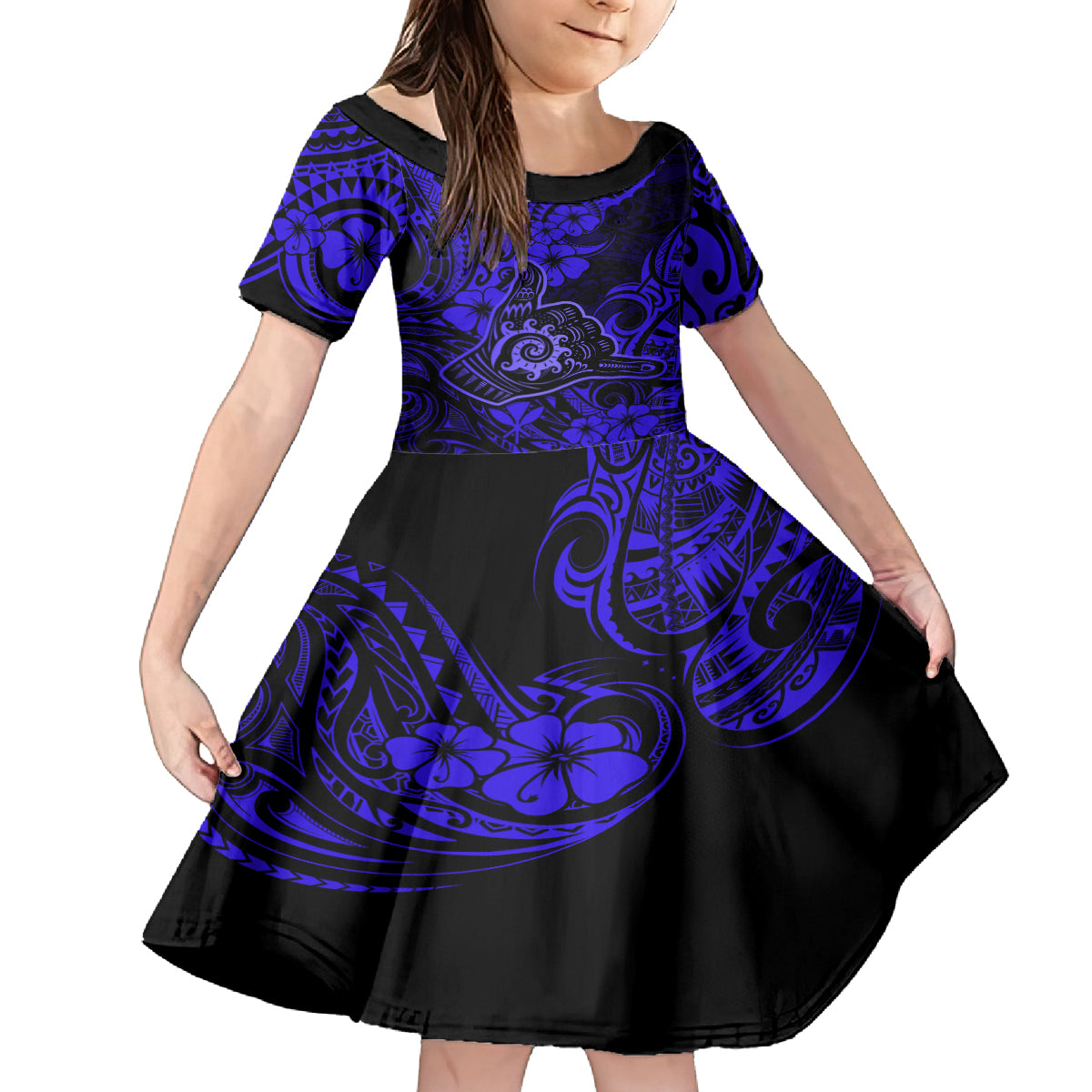 Hawaii Shaka Sign Kid Short Sleeve Dress With Polynesian Hibiscus Navy Blue Unique LT01 KID Blue - Polynesian Pride