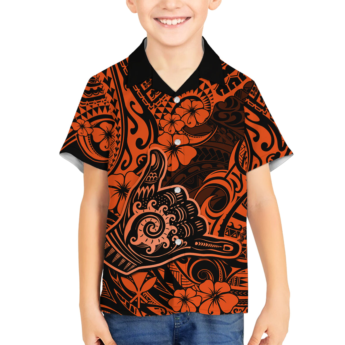 Hawaii Shaka Sign Family Matching Off Shoulder Maxi Dress and Hawaiian Shirt With Polynesian Hibiscus Orange Unique LT01 Son's Shirt Orange - Polynesian Pride