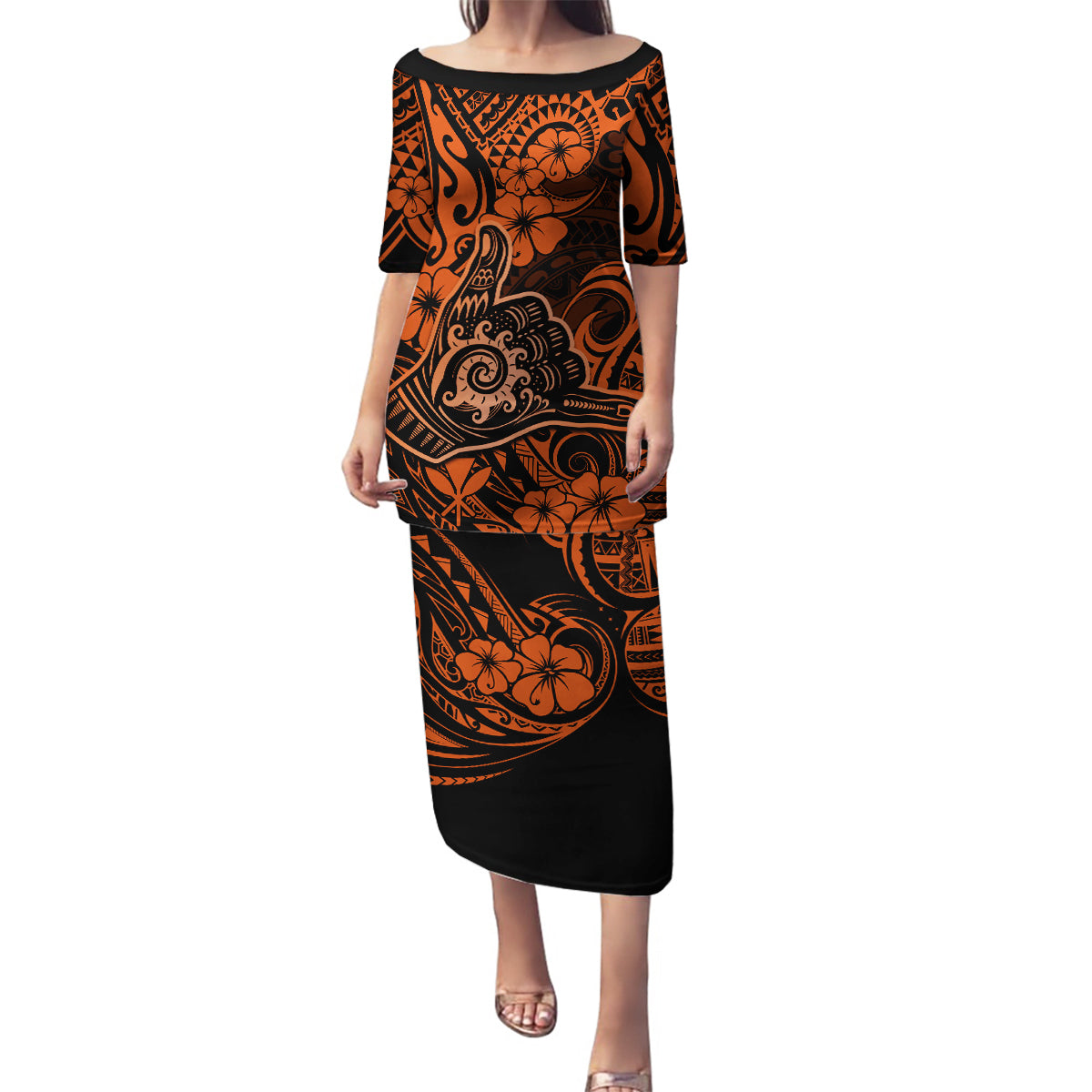 Hawaii Shaka Sign Family Matching Puletasi Dress and Hawaiian Shirt With Polynesian Hibiscus Orange Unique LT01 Mom's Dress Orange - Polynesian Pride