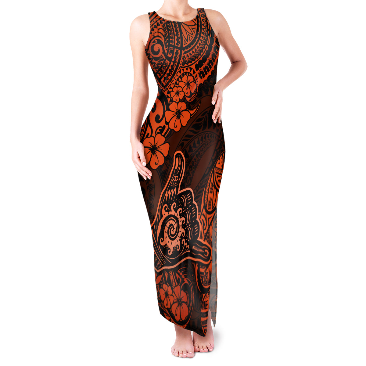 Hawaii Shaka Sign Family Matching Tank Maxi Dress and Hawaiian Shirt With Polynesian Hibiscus Orange Unique LT01 Mom's Dress Orange - Polynesian Pride