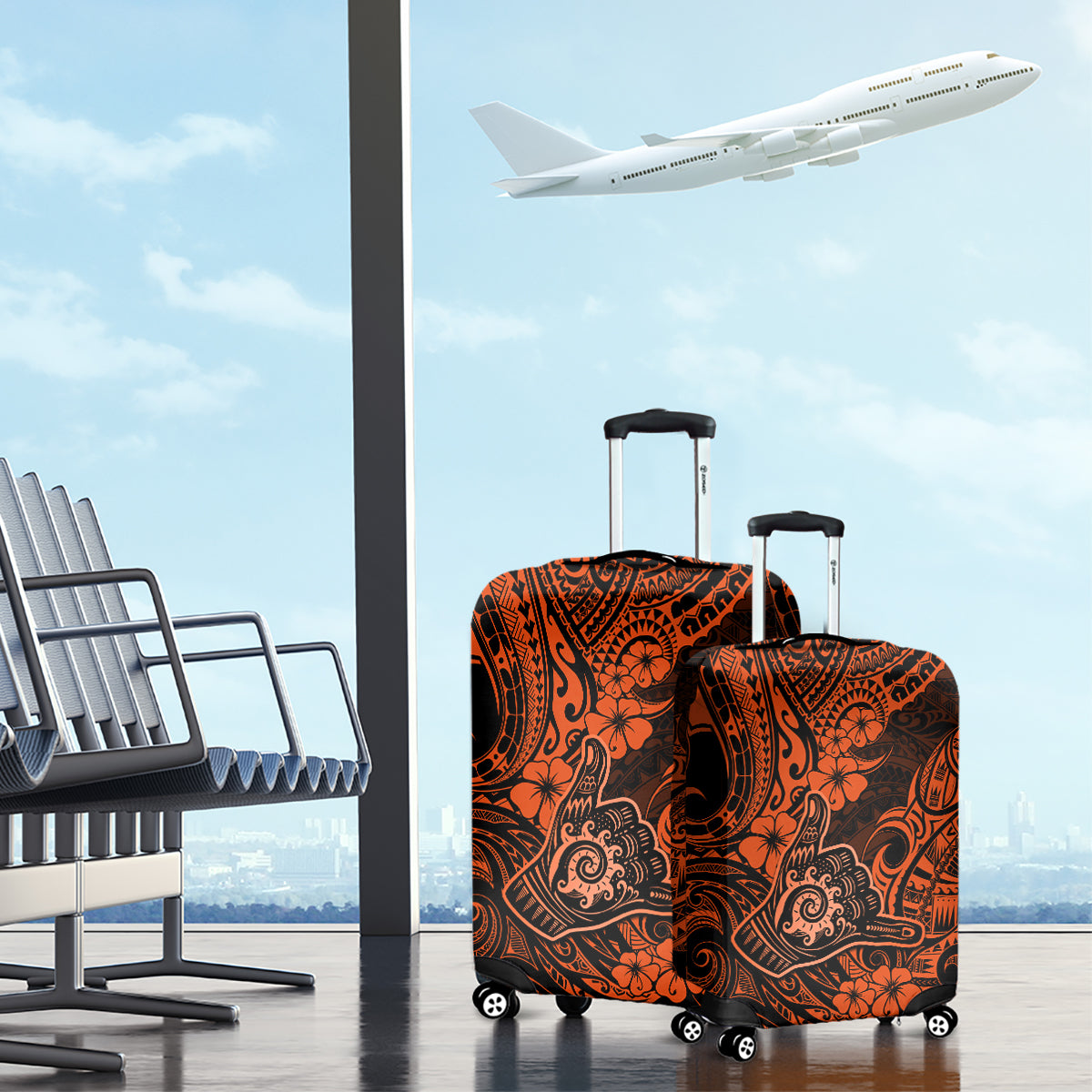Hawaii Shaka Sign Luggage Cover With Polynesian Hibiscus Orange Unique LT01 - Polynesian Pride
