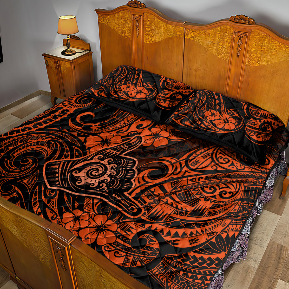 Hawaii Shaka Sign Quilt Bed Set With Polynesian Hibiscus Orange Unique LT01 - Polynesian Pride