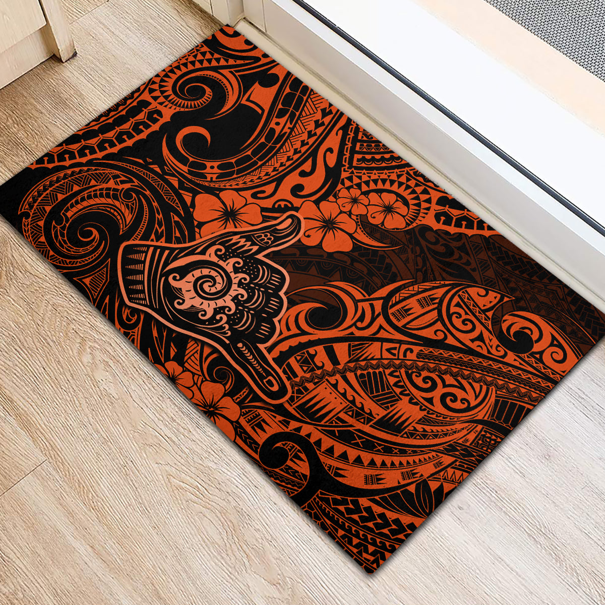 Hawaii Shaka Sign Rubber Doormat With Polynesian Hibiscus Orange Unique LT01 - Polynesian Pride