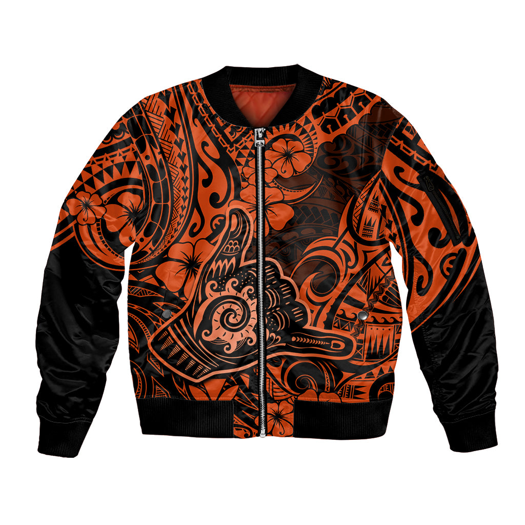 Hawaii Shaka Sign Sleeve Zip Bomber Jacket With Polynesian Hibiscus Orange Unique LT01 Unisex Orange - Polynesian Pride
