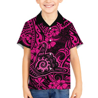 Hawaii Shaka Sign Family Matching Off Shoulder Long Sleeve Dress and Hawaiian Shirt With Polynesian Hibiscus Pink Unique LT01 Son's Shirt Pink - Polynesian Pride