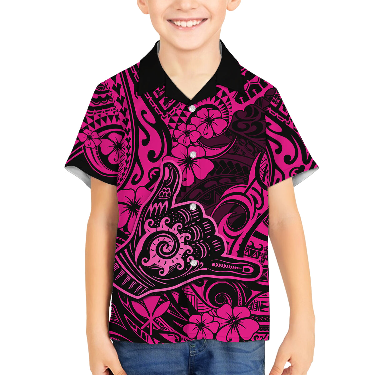 Hawaii Shaka Sign Family Matching Summer Maxi Dress and Hawaiian Shirt With Polynesian Hibiscus Pink Unique LT01 Son's Shirt Pink - Polynesian Pride