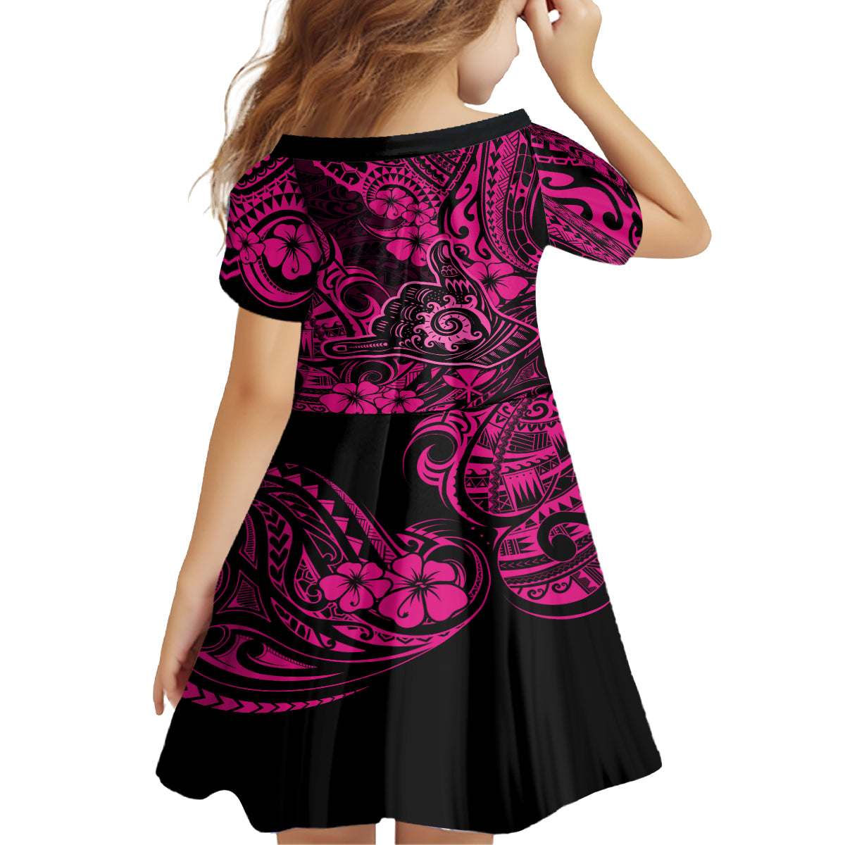 Hawaii Shaka Sign Kid Short Sleeve Dress With Polynesian Hibiscus Pink Unique LT01 - Polynesian Pride