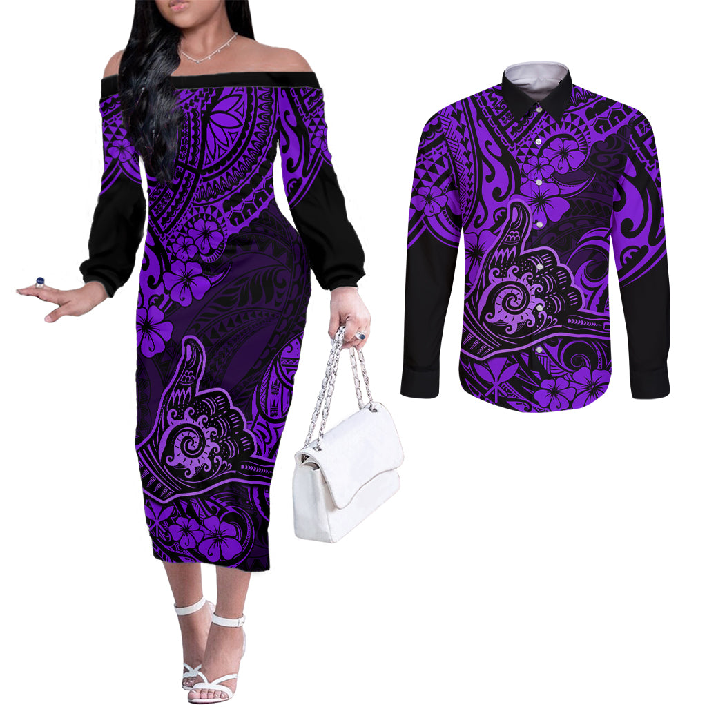 Hawaii Shaka Sign Couples Matching Off The Shoulder Long Sleeve Dress and Long Sleeve Button Shirts Polynesian Pattern Purple Version LT01 Purple - Polynesian Pride