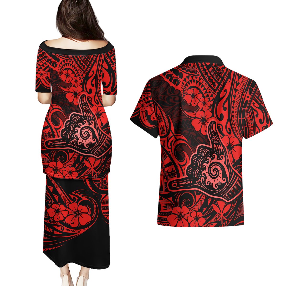 Hawaii Shaka Sign Couples Matching Puletasi Dress and Hawaiian Shirt Polynesian Pattern Red Version LT01 - Polynesian Pride