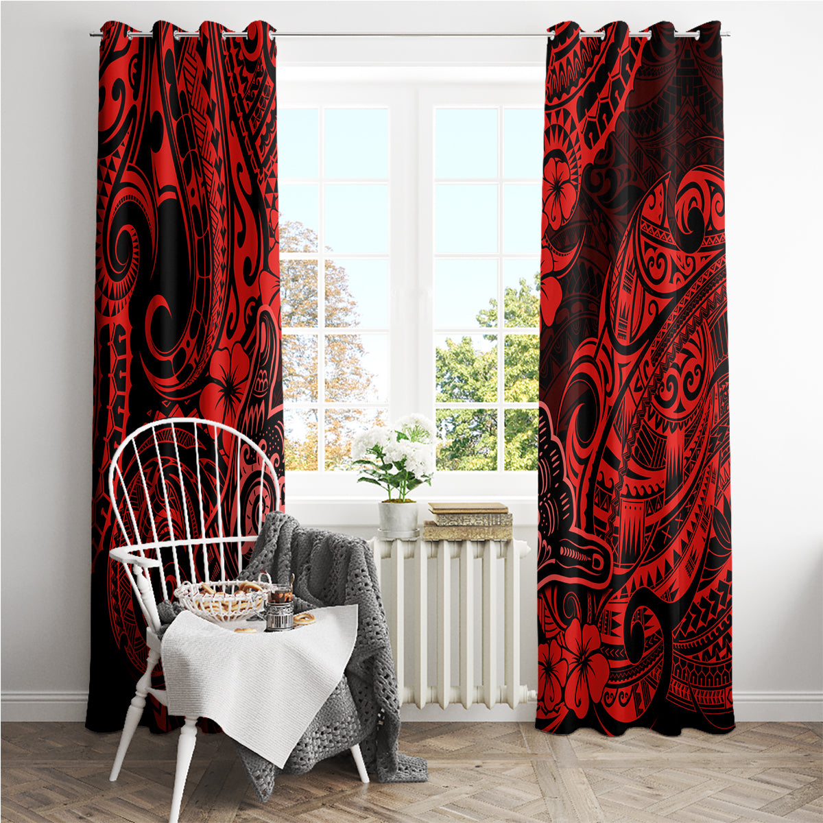 Hawaii Shaka Sign Window Curtain Polynesian Pattern Red Version LT01 - Polynesian Pride
