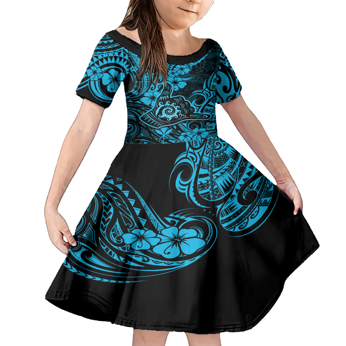 Hawaii Shaka Sign Family Matching Long Sleeve Bodycon Dress and Hawaiian Shirt Polynesian Pattern Sky Blue Version LT01 Daughter's Dress Blue - Polynesian Pride