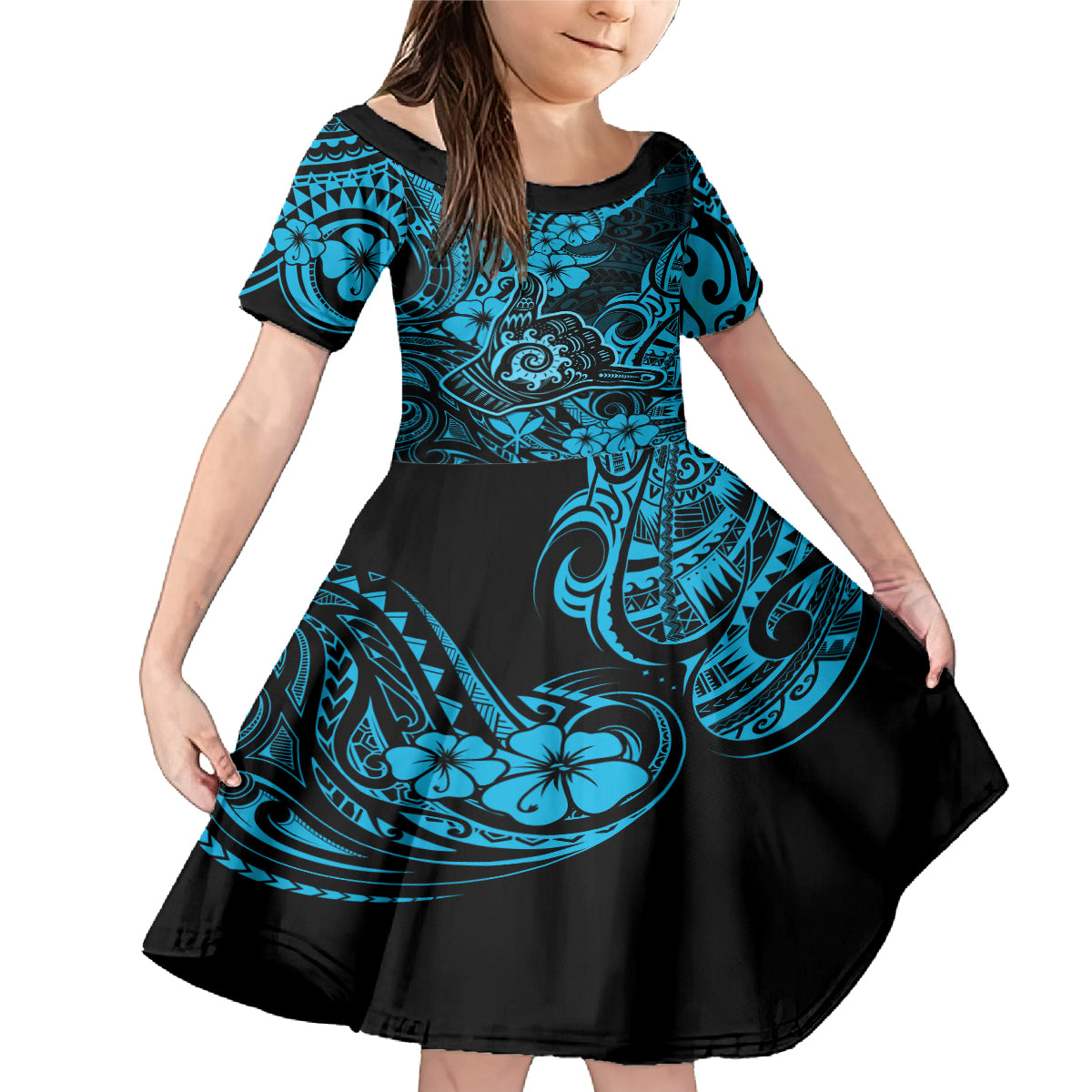 Hawaii Shaka Sign Family Matching Mermaid Dress and Hawaiian Shirt Polynesian Pattern Sky Blue Version LT01 Daughter's Dress Blue - Polynesian Pride
