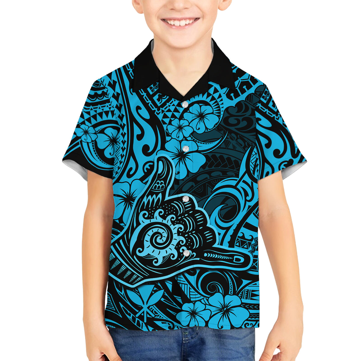 Hawaii Shaka Sign Family Matching Off Shoulder Maxi Dress and Hawaiian Shirt Polynesian Pattern Sky Blue Version LT01 Son's Shirt Blue - Polynesian Pride