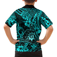 Hawaii Shaka Sign Family Matching Off Shoulder Maxi Dress and Hawaiian Shirt Polynesian Pattern Turquoise Version LT01 - Polynesian Pride